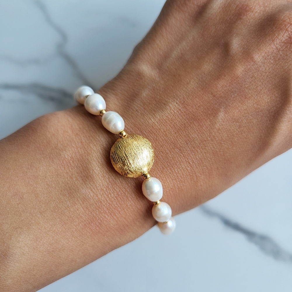 18K Gold Plated Bracelet with Fresh Water Pearl Bead Bridal Jewelry Gift